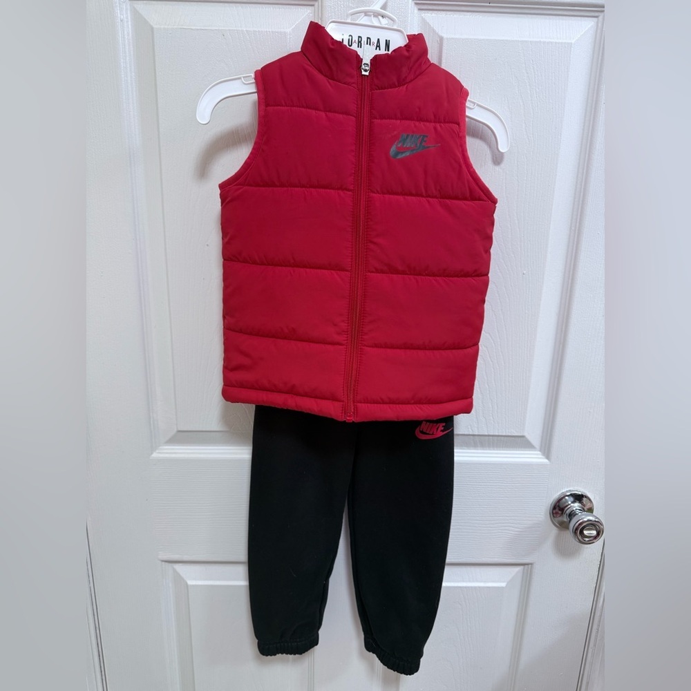 Nike Red Puffer Vest with Black Joggers, Size 4
